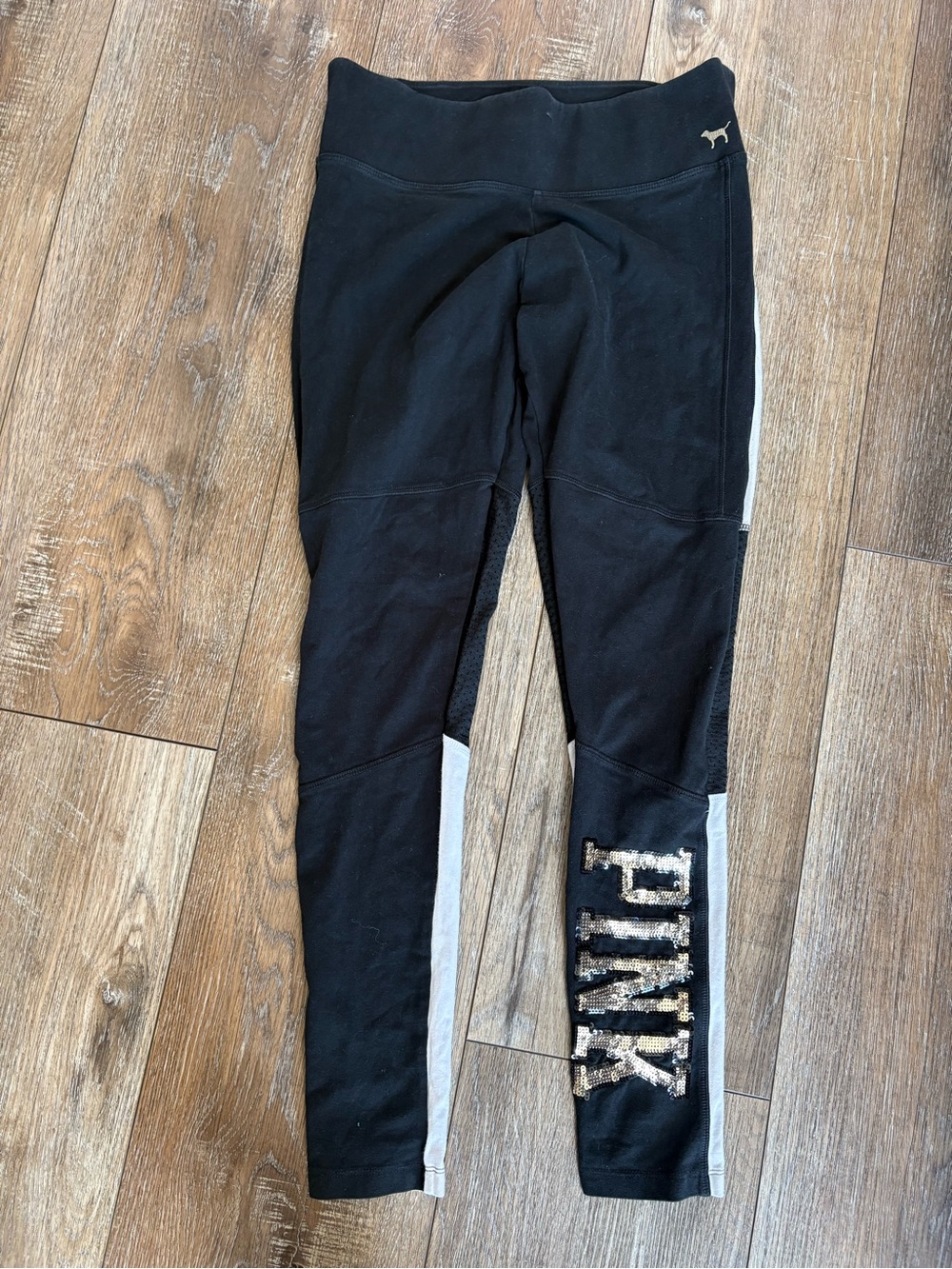 Vintage Y2K PINK Victoria's Secret Black sequin with n-Logo Leggings medium